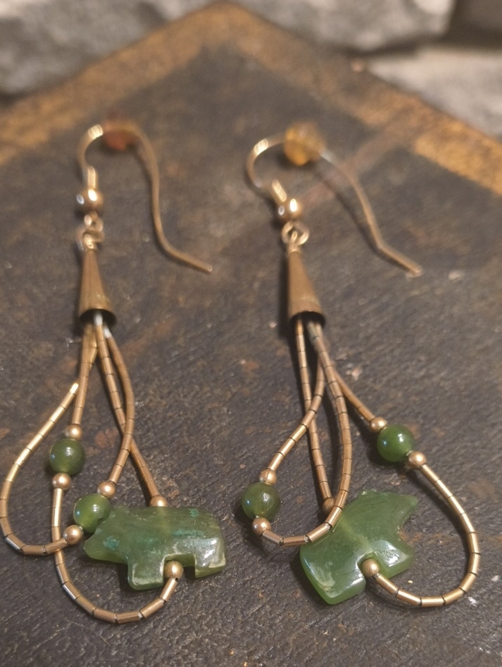 Green Jade Bear Drop Earrings - Vintage, Very Unique!!